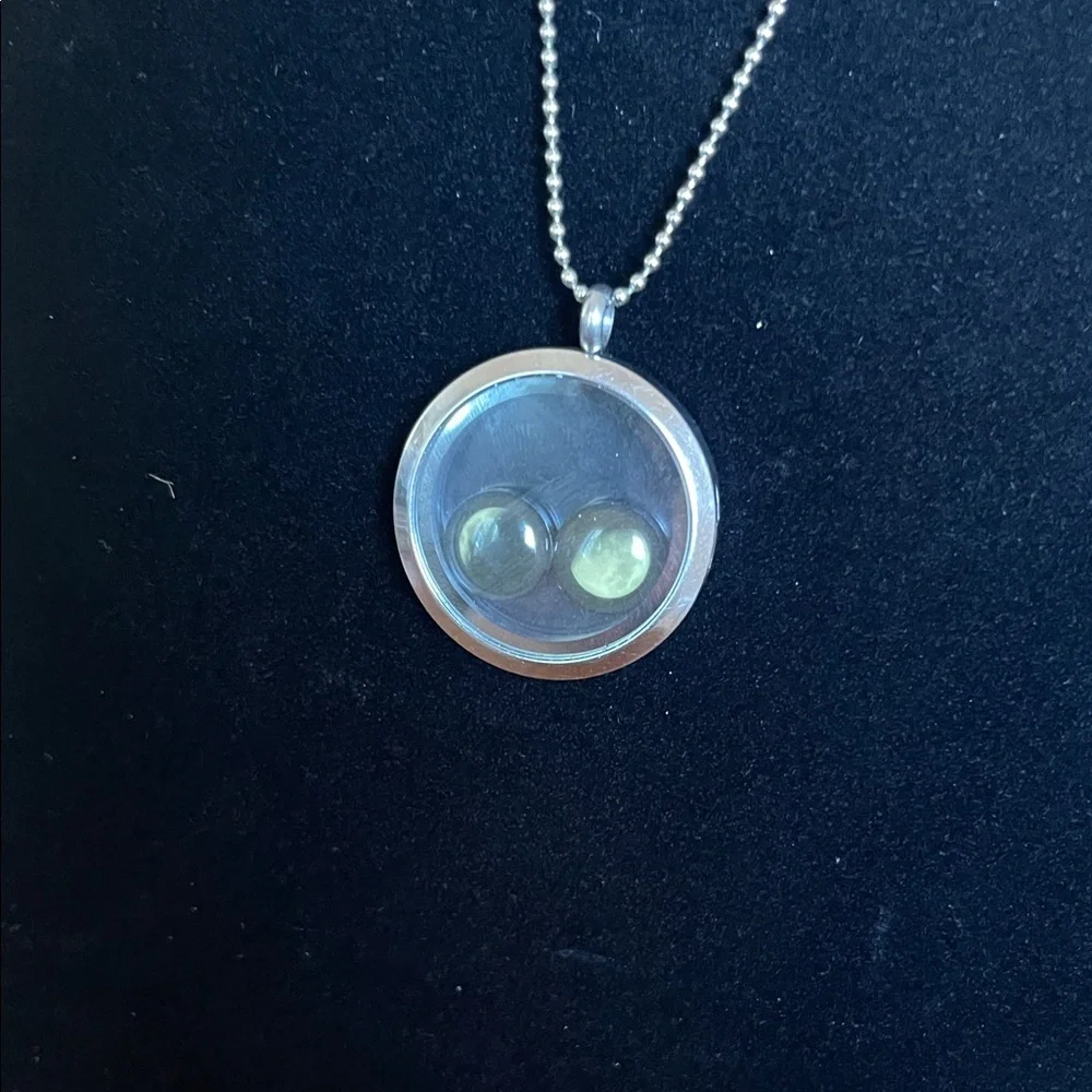 Round Silver Locket Necklace with Iridescent Blue-Green Orbs